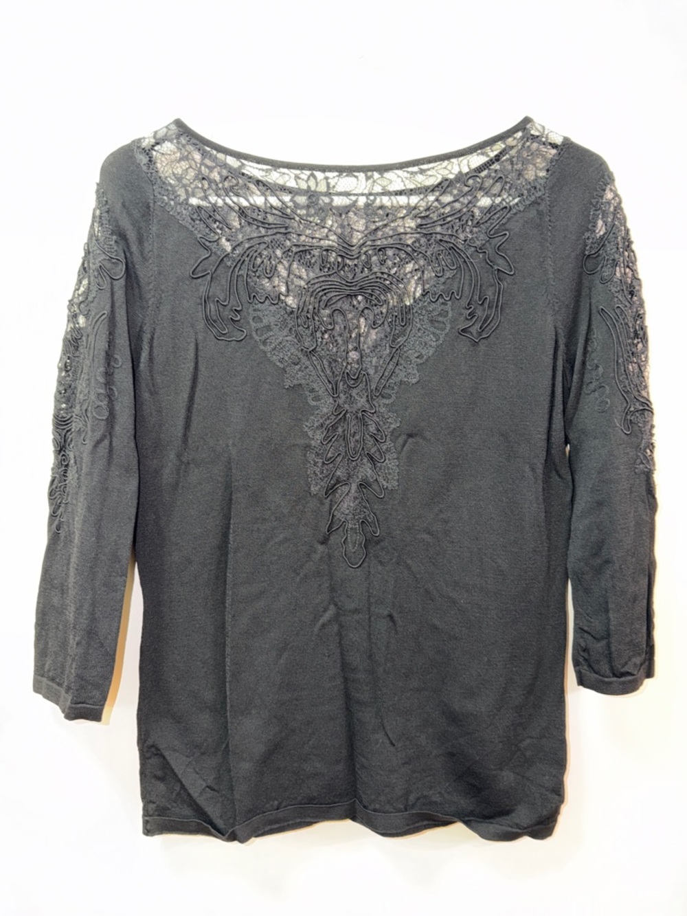 Boston Proper. Black Party Lace Accent Women's Top. 3/4 Sleeves. NWOT. Size M